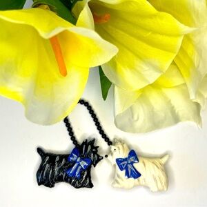 Vintage 2 Black and White Plastic Scottie dogs Brooch attached with Black Beads